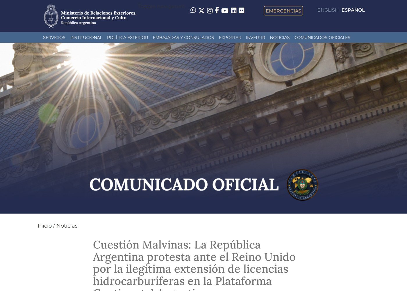 Página do site da Chancelaria argentina com o título do comunicado oficial sobre a Questão Malvinas