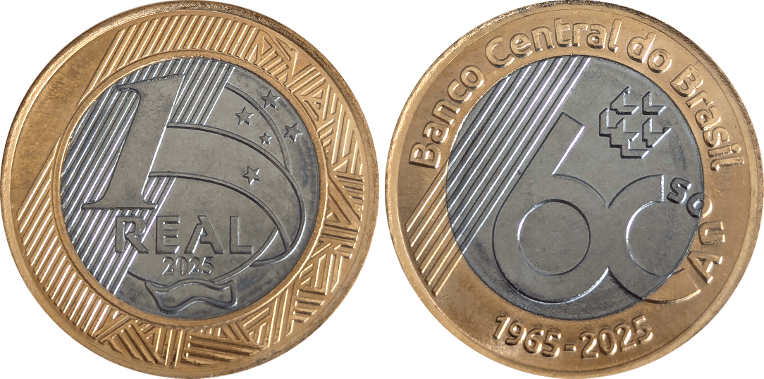 Anverso e reverso da moeda comemorativa de 1 real dos 60 anos do Banco Central do Brasil
