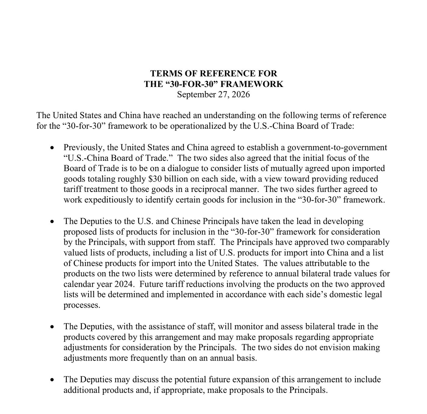 Reprodução da primeira página do documento Terms of Reference for the 30-for-30 Framework, datado de 27 de setembro de 2026