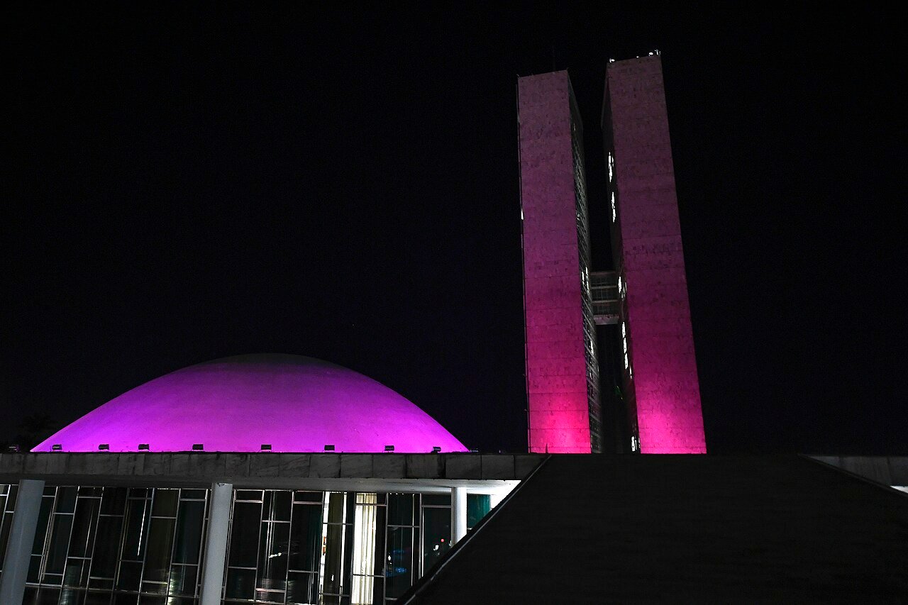 Cúpulas e torres do Congresso Nacional, em Brasília, iluminadas de rosa à noite