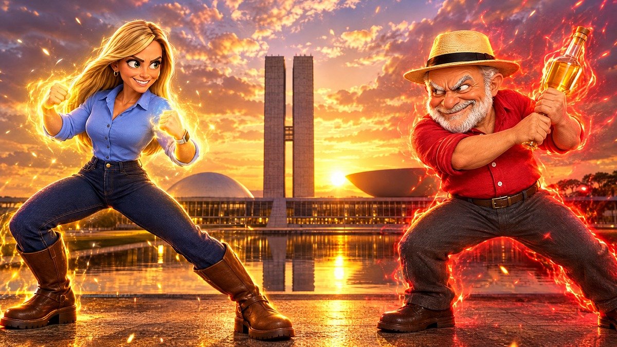 Arte do jogo Vota Brasília com caricaturas de Celina Leão e Leandro Grass frente a frente, com Lula e Flávio Bolsonaro ao fundo