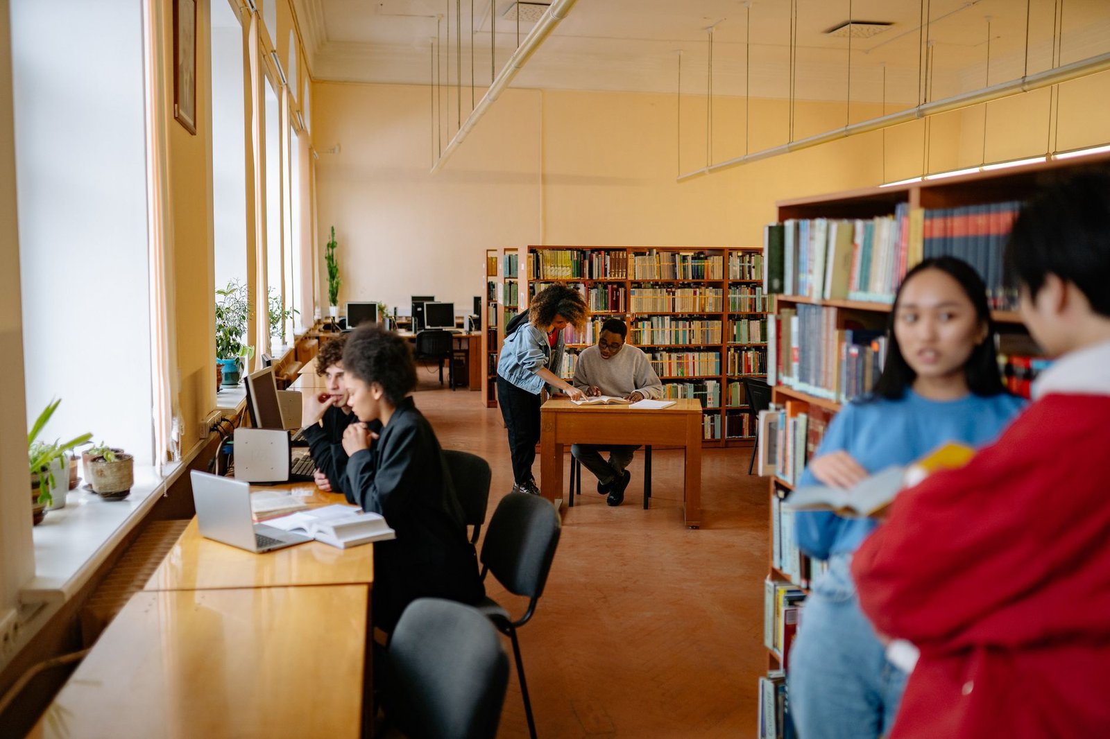 Estudantes conversam em biblioteca universitária (foto ilustrativa)