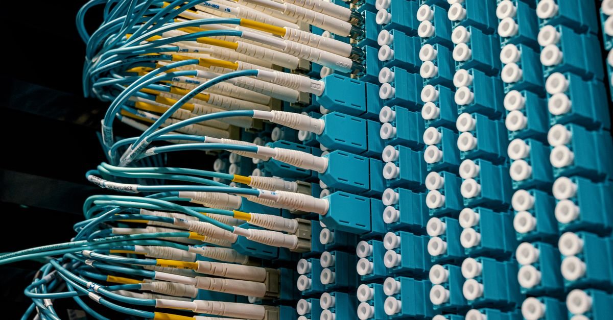 Painel de conexões de fibra óptica com cabos azuis em rack de data center