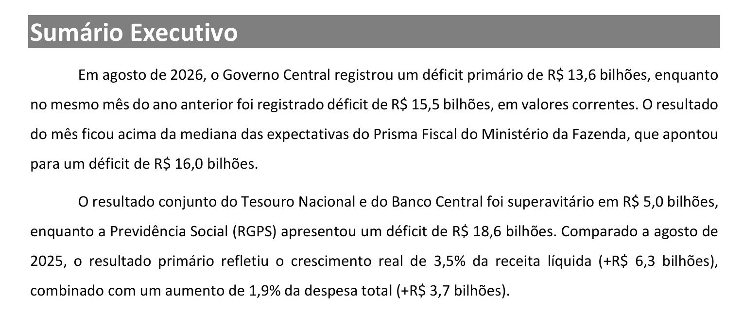 Trecho do sumário executivo do Tesouro Nacional com o resultado primário de agosto de 2026