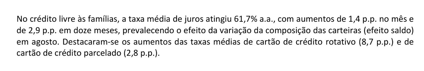 Trecho da nota do Banco Central com o parágrafo sobre a taxa de juros do crédito livre às famílias