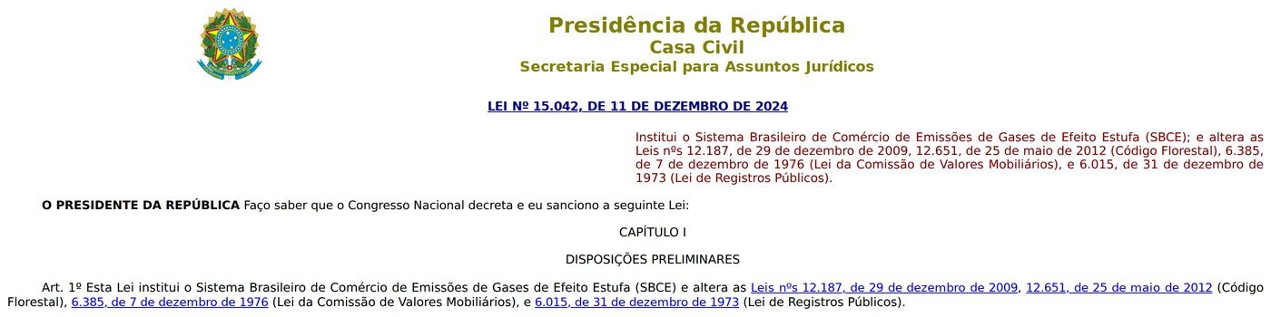 Cabeçalho da Lei 15.042, de 11 de dezembro de 2024, no site do Planalto, com a ementa que institui o Sistema Brasileiro de Comércio de Emissões