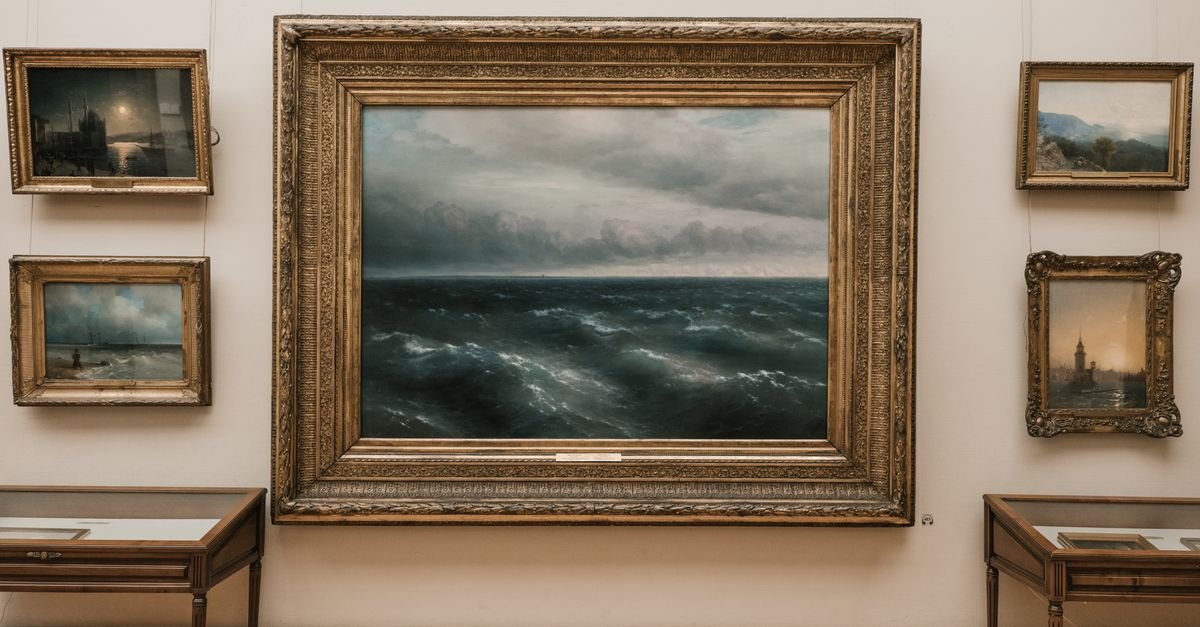 Quadro emoldurado em parede de galeria de arte, ao lado de obras menores