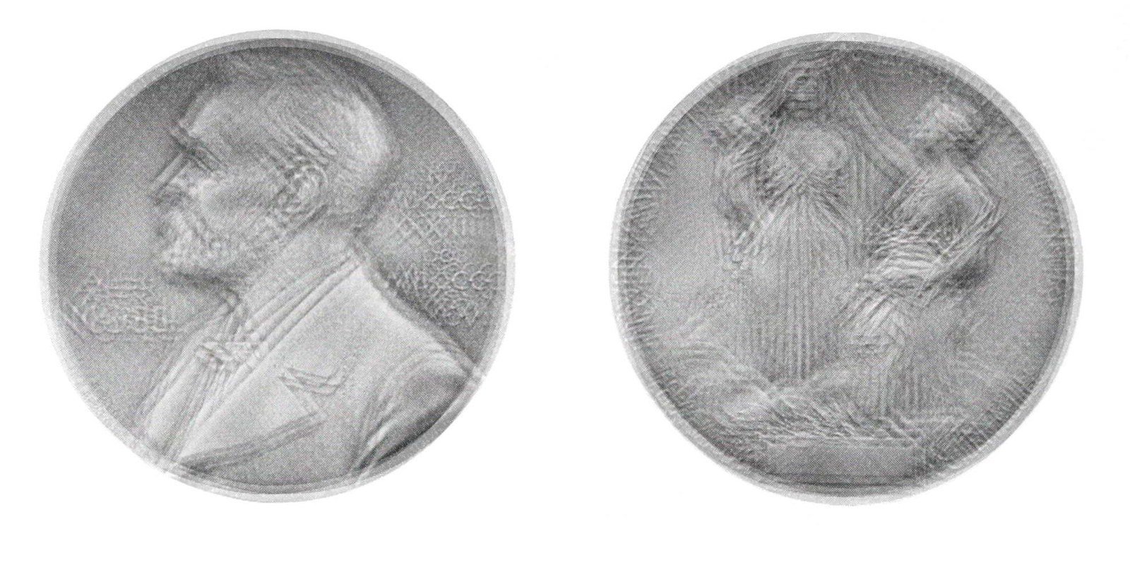 Gravura em tons de cinza com faces e versos de medalhas do Prêmio Nobel, em ilustração histórica de domínio público