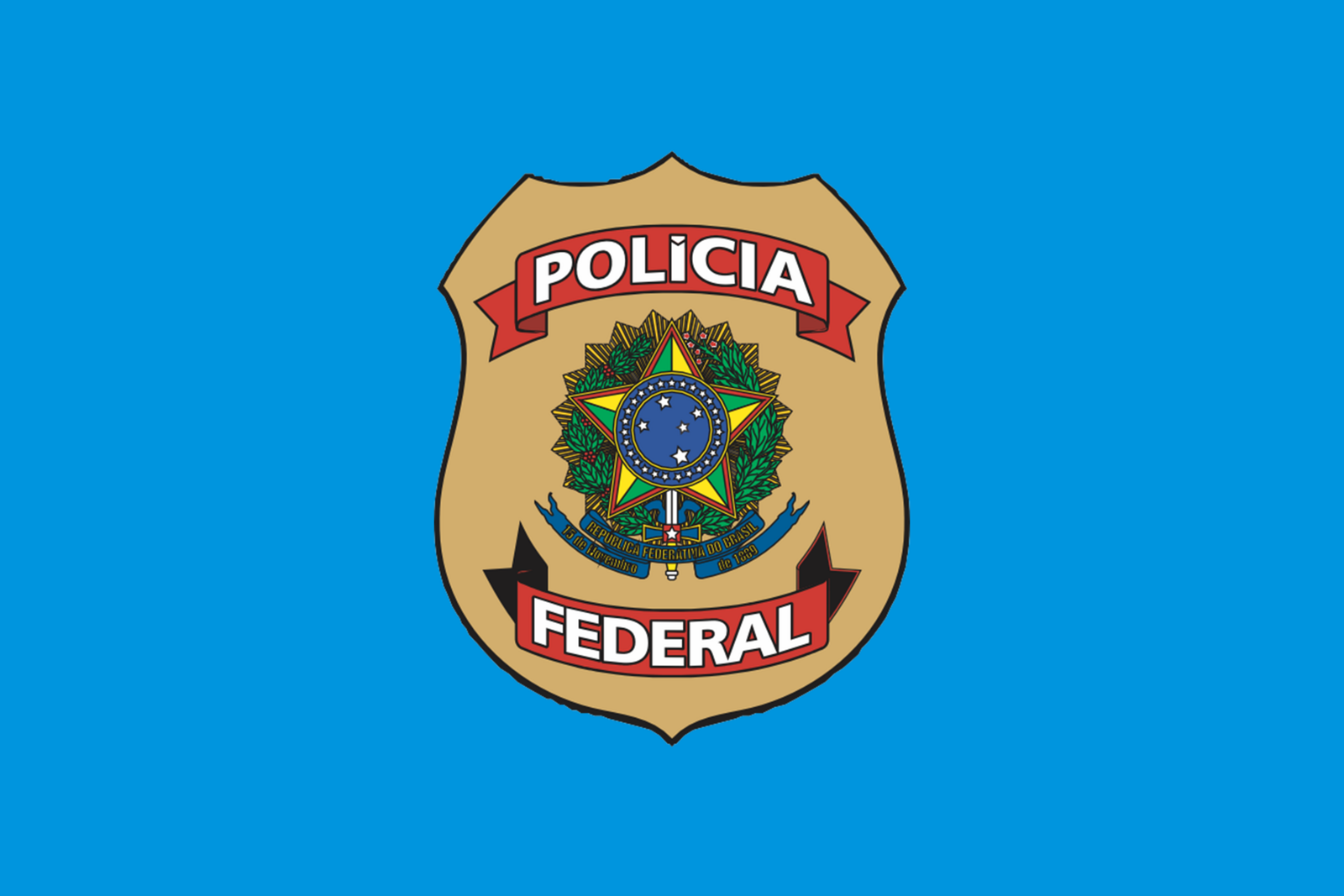 Bandeira da Polícia Federal com o brasão da instituição sobre fundo azul