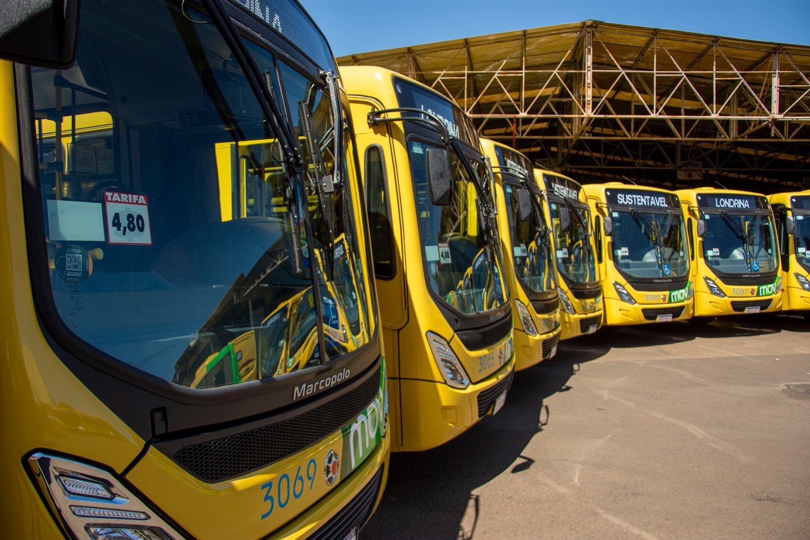 Fileira de ônibus urbanos amarelos estacionados em garagem, vistos de frente