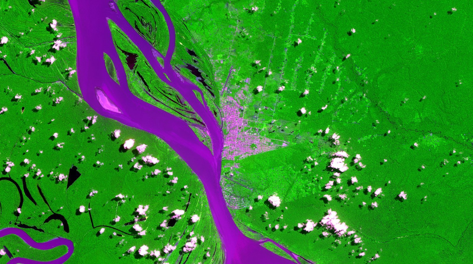 Imagem de satélite em cores falsas mostra a mancha urbana de Tabatinga e Letícia às margens do Rio Solimões