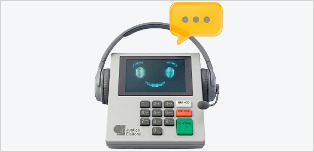 Identidade visual do ChatVote: urna eletrônica com fones de ouvido, rosto sorridente na tela e um balão de conversa